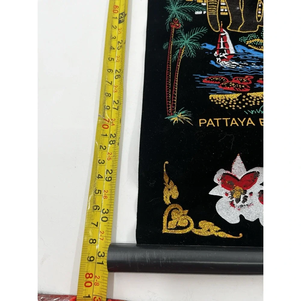 Vintage Thailand  Black Velvet Wall Hanging Souvenir Highlights Embroidered EUC